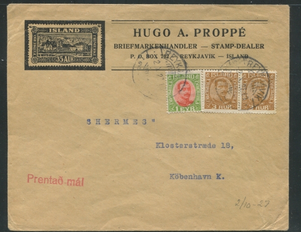 1927 | Printed matter cover to denmark 2.X.27 image