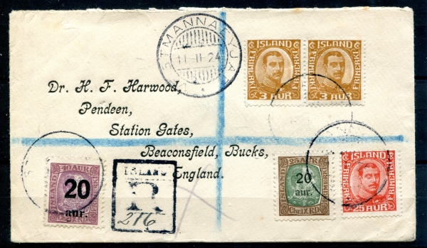 1924 | Reg. Cover Mix fr. Chr.IX. and Chr.X. - VESTMANNAEYJAR - SUPER NICE image