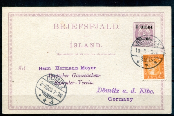 1903 | Í GILDI 8aur Stationery upfranked with 3aur CHR.IX. to Germany - No text on reverse image