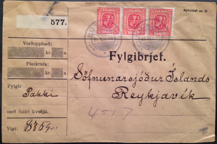 1914 | PARCEL LETTER for one parcel 835gr. from HÚSAVÍK to Reykjavík - SUPER NICE image